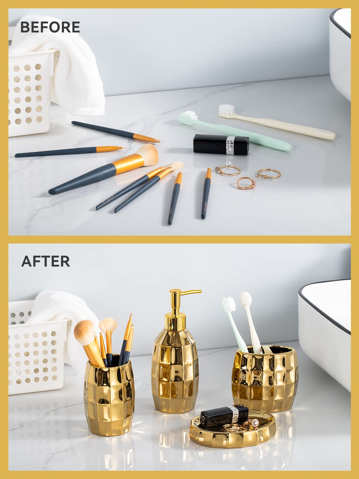 Juego de Accesorios de baño, Juego de Accesorios de baño de cerámica con Mosaico Dorado Que Incluye dispensador de loción, Vaso para Cepillo de Dientes y jabonera