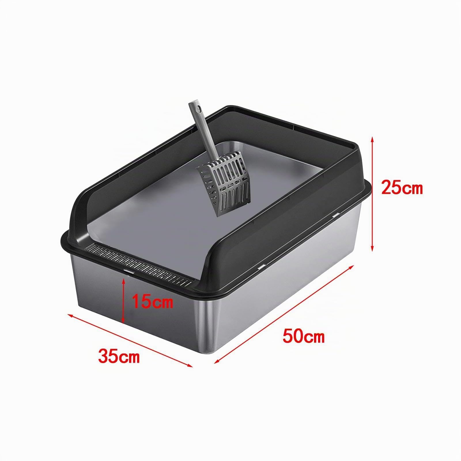 Edelstahl Katzentoilette ohne Deckel, Katzenklo Hoher Rand Offen, Antibakterielle Katzenklo Metall mit Spritzschutz, Open Top Pet Litter Box mit Schaufel und Anti-Rutsch-Matte, 50 * 35 * 15cm