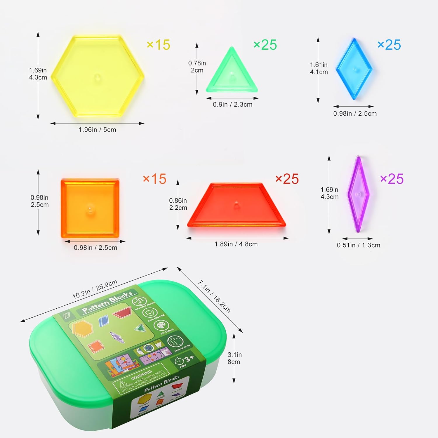 188 Pcs Plastic Pattern Blocks Set, Geometric Shapes Pattern Blocks with 46 Cards, Math Manipulative for Shape Recognition with Storage Box