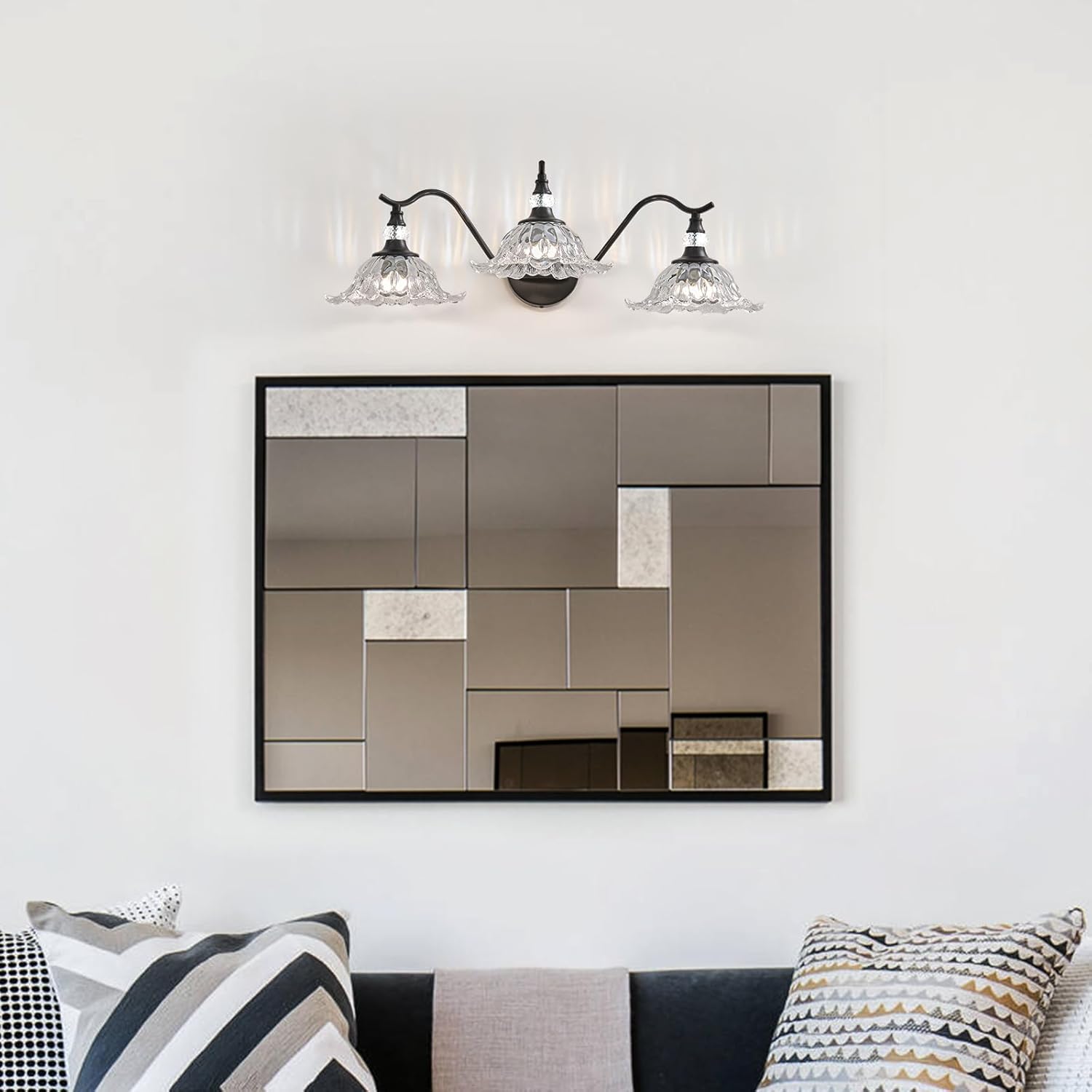 Vintage Bathroom Vanity Light Fixtures - 3 Light Antique Matte Black Bathroom Lights Fixture Over Mirror with Clear Flower Glass,Retro High End Wall-Mounted Vanity Lighting for Bath Powder Room