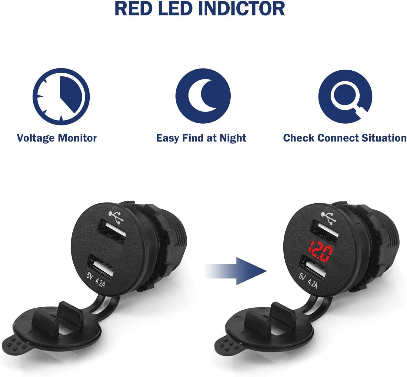 4.2A Dual 2.1A USB Charger Socket - Power Outlet Charging Port for Phone or Device, Red LED Digital Voltmeter, Direct Fit Drop in Replacement on 12V 24V Switch Toggle Panel on Marine Boat Trunk Car