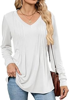 Camiseta Mujer Manga Larga Cuello En V Elegantes Color Sólido Blusas Casual Plisada Basica Elástico Túnica