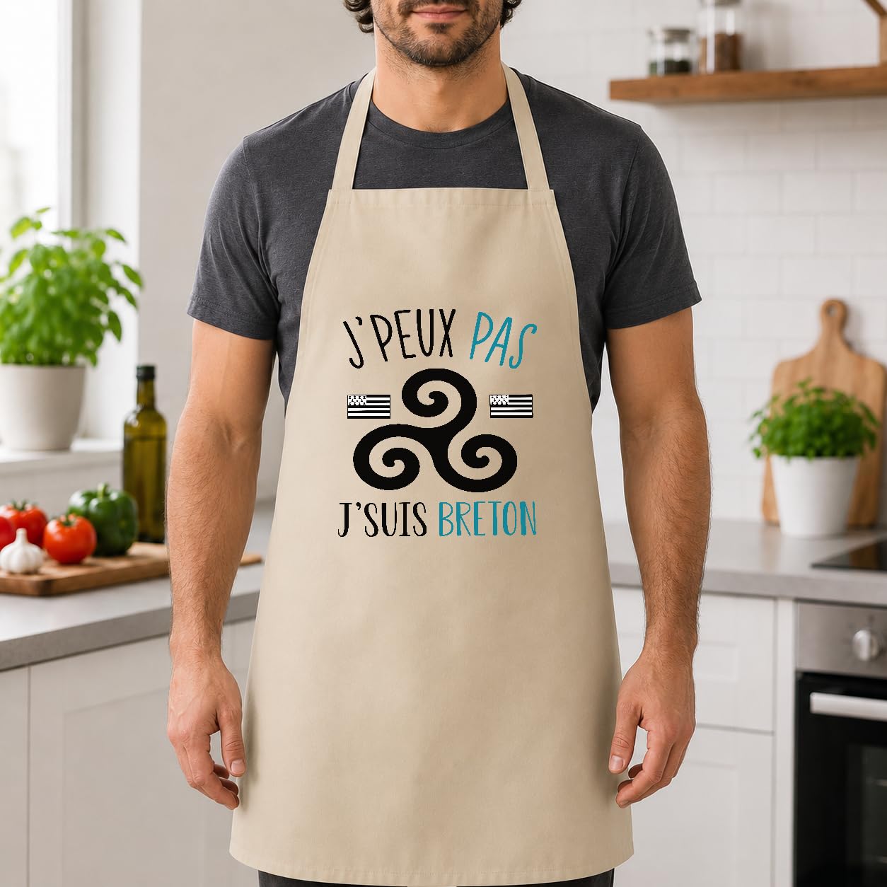Planetee - Delantal de cocina breton Je peux pas | Regalo original para apasionados, ropa protectora para barbacoa, jardinería, delantal de trabajo, tareas domésticas, beige, Talla única