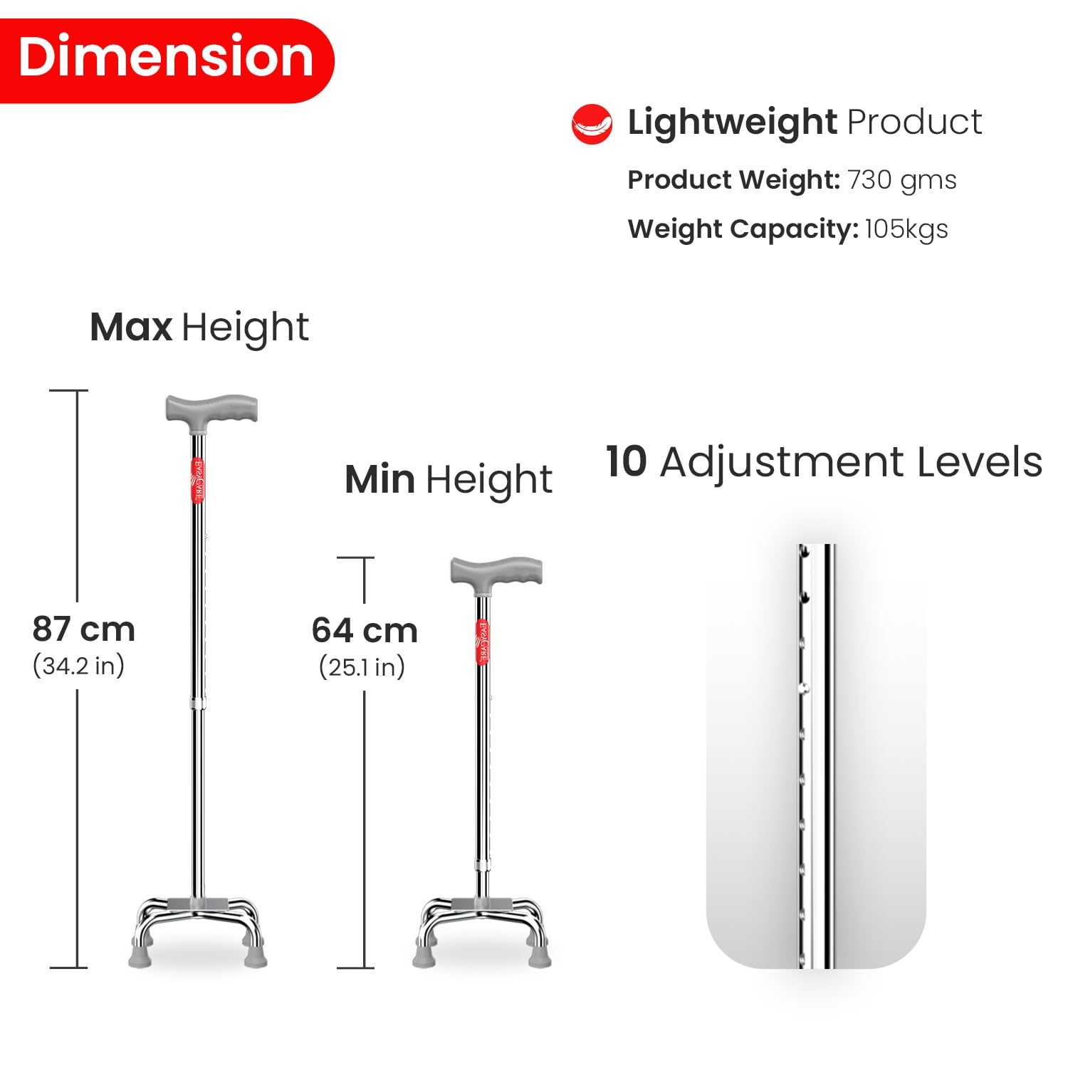 EASYCARE® Walking Stick | Lightweight Aluminium with 10 Height Levels Adjustable | Ergonomic Handle, Anti-Slip Base | Support for Old Age Seniors, Men, Women & Patients (Four Legs) - Image 2 thumbnail