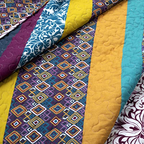 Image of Lush Decor Boho Stripe Reversible Cotton Quilt 3-Piece Set, King, Plum & Yellow - Bold Colorful Bohemian Bedding Set