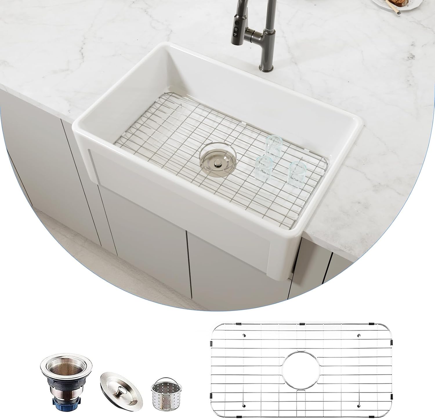 30 Inch White Farmhouse Sink Apron Front Ceramic Porcelain Fireclay Single Bowl Sink Large Deep Farm Kitchen Sinks 30" x 20" x10"