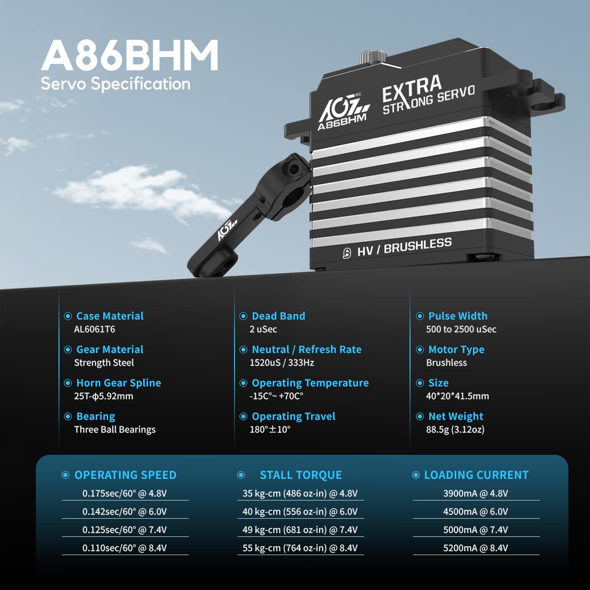 AGFRC 55KG Digital-Sterzo-Servo ad alta coppia programmabile - Full Metal Gear Brushless Servo per 1/8 1/10 modelli RC, angolo di controllo 180 ° (A86BHM)