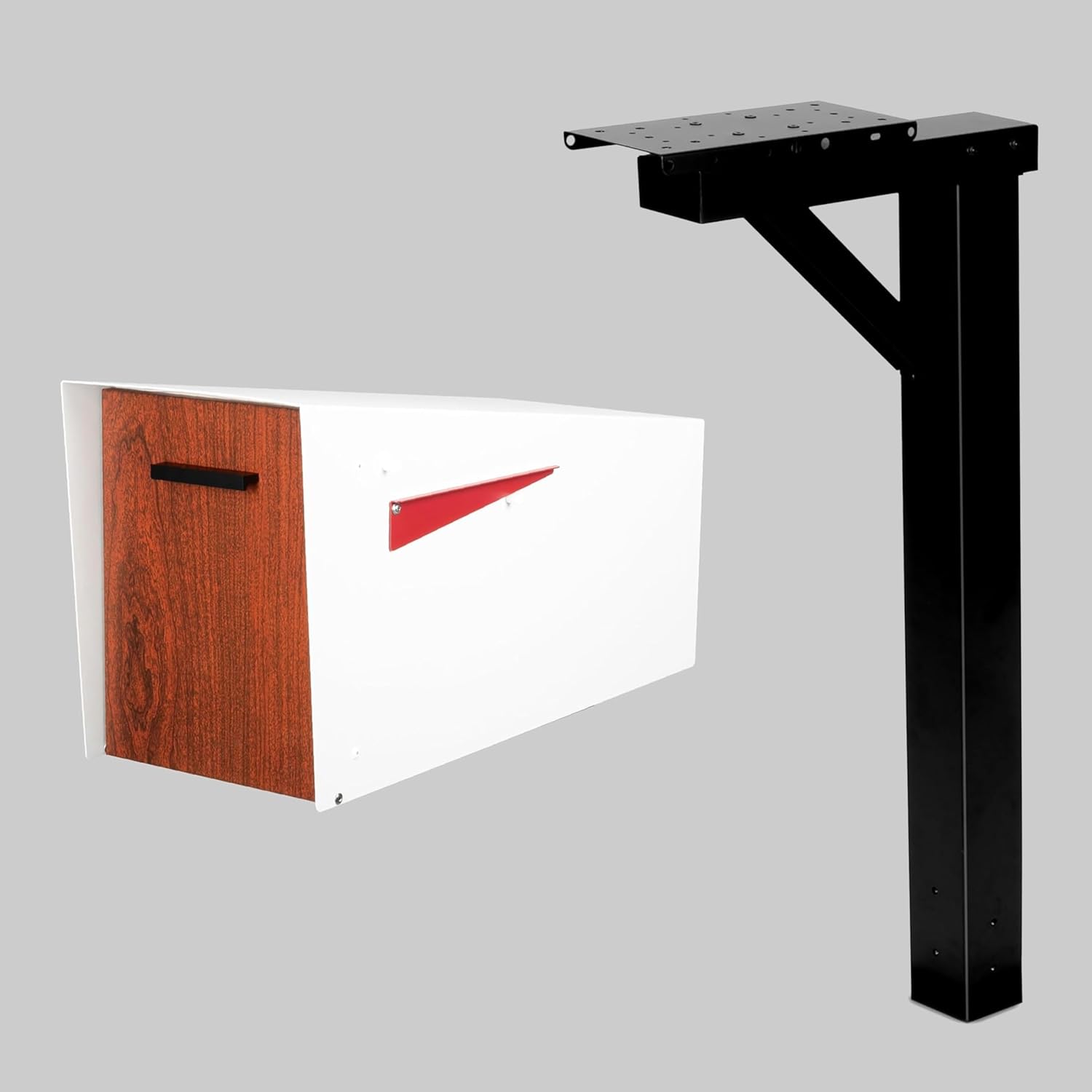 Ilyapa Modern White Mailbox w/Wood Door & Magnetic Close, Waterproof for Parcels & Black Post Mount Kit: Angle Design, Heavy-Duty Metal, Easy Install & Universal Fit.