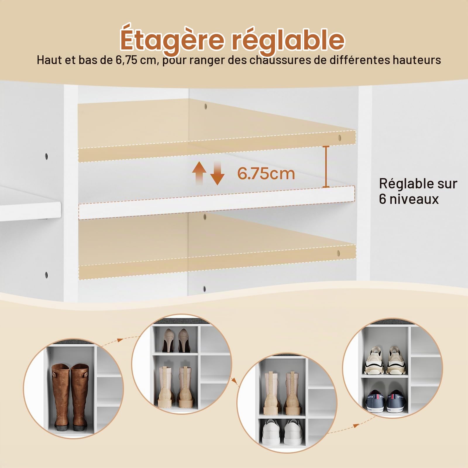 WOLTU Banc de Rangement à Chaussures, Meuble d’Entrée pour Chaussures, Étagère Autoportante à 12 Compartiments en Panneau Aggloméré avec Coussin en Tissu Gris, Blanc, 102x30x48,5 cm