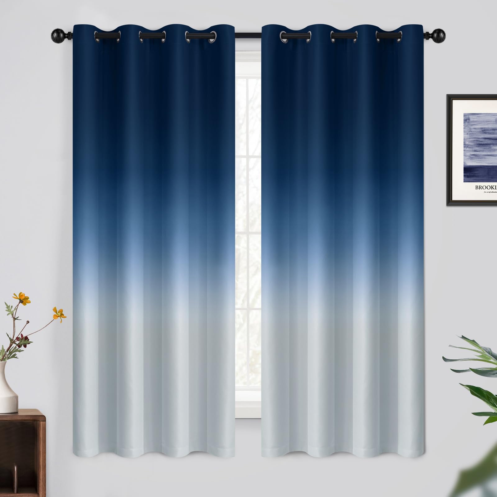 Yakamok Light Blocking Gradient Color Curtains Blue Ombre Blackout Curtains Room Darkening Thermal Insulated Grommet Window Drapes for Living Room/Bedroom (Blue, 2 Panels, 52x63 Inch)