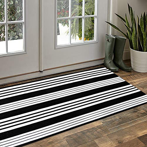 Ojia Cotton Black And White Striped Rug 24'' X 51'' Hand-Woven Indoor/Outdoor Area Rug Layered Door Mats For Front Porch/Entryway/Laundry Room/Bedroom/Outdoor #TOP5
