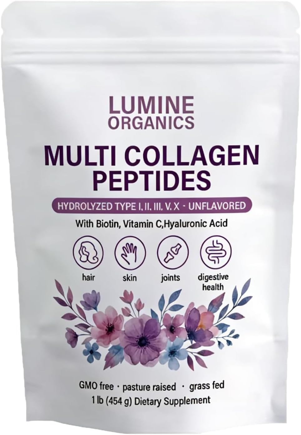 Lumine Organics Collagen, Multi Collagen Peptides Powder,Type I,II,III,V,X with Biotin,Hyaluronic Acid Powder,Vitamin C,Non-GMO-1bag