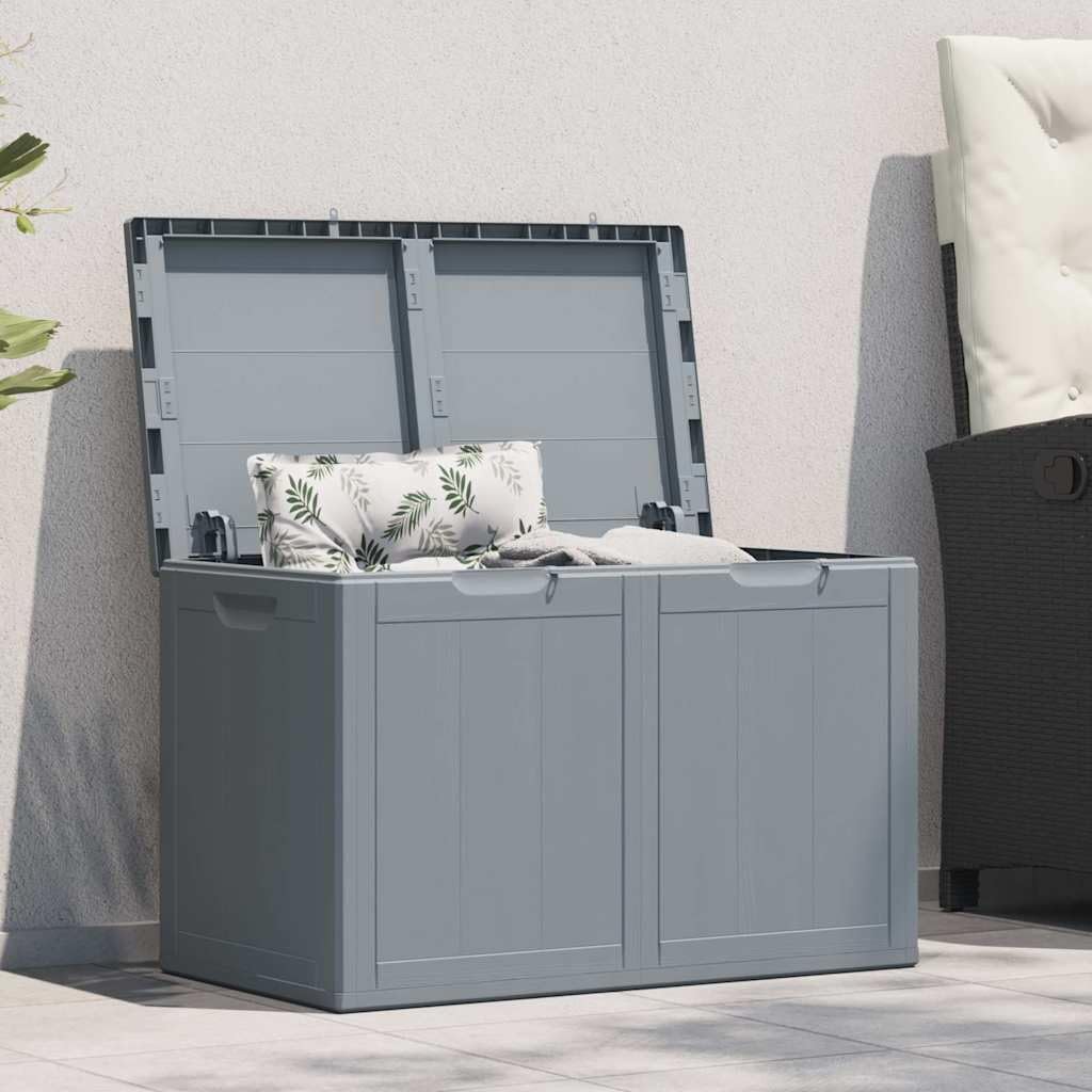 Caja de almacenamiento de jardín de 180 L, aspecto de madera de polipropileno, resistente a la intemperie, impermeable, con función de asiento, espacio de almacenamiento para balcón, terraza