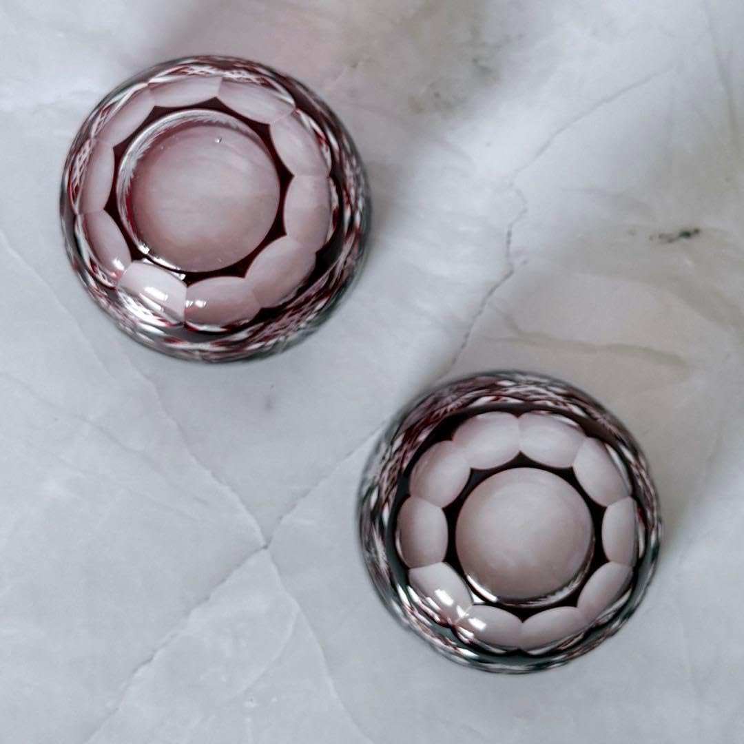 超希少品☆薩摩切子 紅被硝子 面取鹿の子文 高杯（切子、