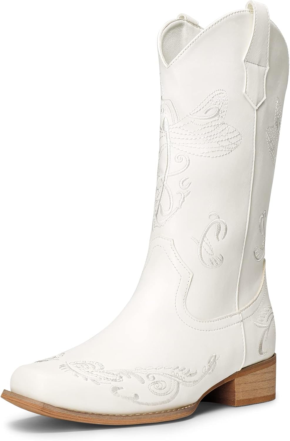 DREAM PAIRS Women's Square Toe Cowboy Cowgirl Boots Pull On Low Chunky Heel Mid Calf Western Boots with Embroidered Stitched for Theme Party Country Concert