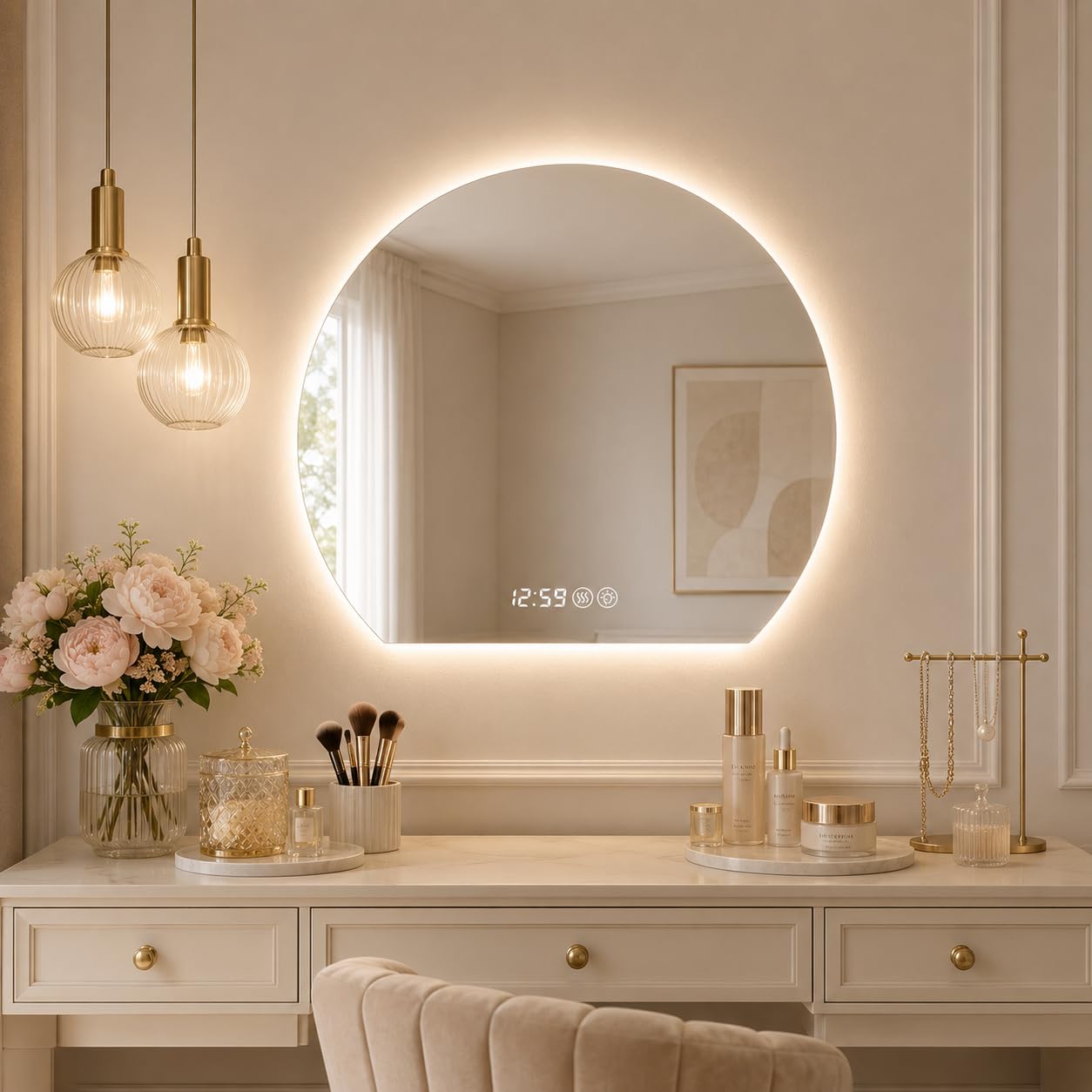 Gecheer LED-Badezimmerspiegel, 80 cm Durchmesser, integrierte Beleuchtung, dimmbar, 3 Farben (3000/4000/6000K), beschlagfrei, rund, für Make-up, Rasur, für Moderne Badezimmer, Schlafzimmer