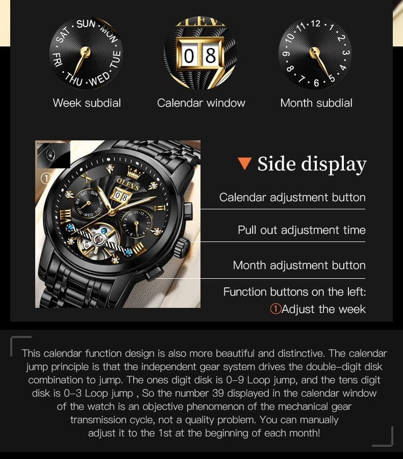 Image of OLEVS Self Winding Watches for Men Automatic Mechanical Skeleton Luxury Dress Waterproof Moon Phase Tourbillon Chronograph Stainless Steel Luminous Wristwatch