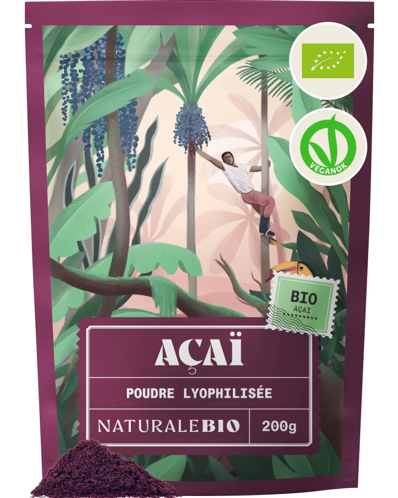 NaturaleBio Poudre de Baies d’Acai Bio - Freeze-Dried - 200g. Pure Organic Acai Berry Powder. Produit au Brésil, Lyophilisé, Cru, extrait de la pulpe de Baie d'Açai – Smoothies, Jus, Desserts