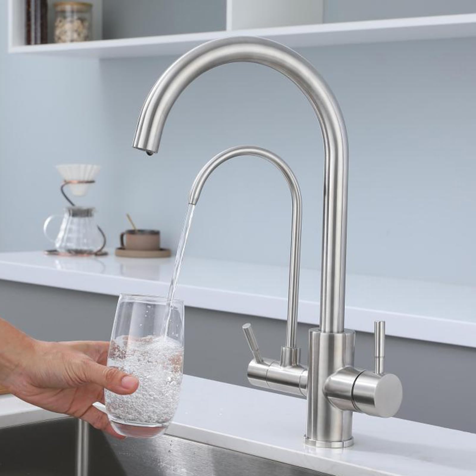 XJTNLB Rubinetto Cucina 3 Vie Osmosi Spazzolata con Doppia Leva Rubinetto per Depuratore Acqua Sus 304