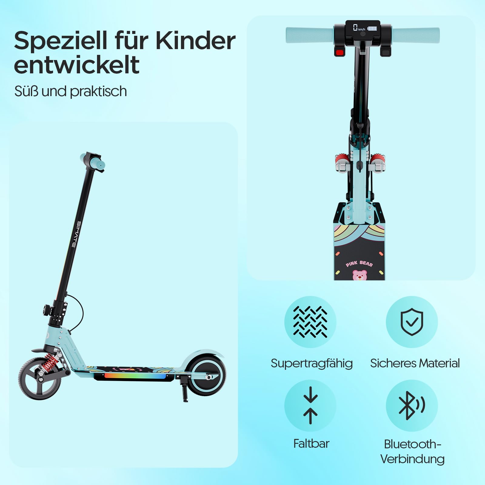 Patinete eléctrico infantil actualizado con frontal LED y luces de pie, motor de 130 W, plegable, con altavoz, alcance de 8 km, capacidad de carga de hasta 70 kg, para 6-14 niños y niñas