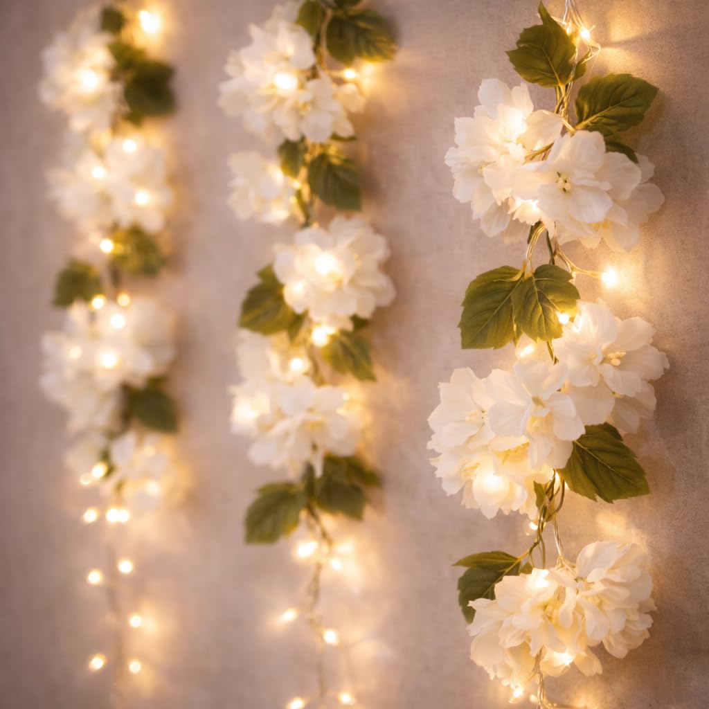 Akaar Decor's Artificial Money Plant/Hydrangea String with Light for Home Decor | Office Decor | Hanging Vine Creeper with Light | Door Wall Balcony Decor | Party Festival (White Hydrangea)