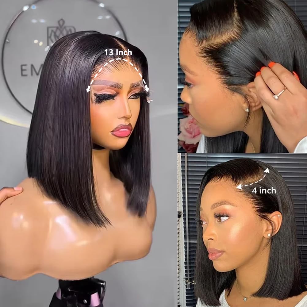 12 Inch Straight Bob Wigs Human Hair 13X4 HD Frontal Lace Wig Short Shouder Length Bob Wigs For Women Glueless Bob Lace Front Wigs Human Hair Pre Plucked 180% Density Middle Part Natural Black - Image 3