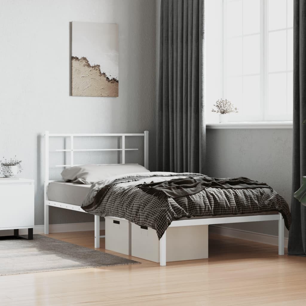 Single Bed Frame White Powder-Coated Steel Platform Frame with Headboard Sturdy Durable Modern Minimalist Bedroom Furniture Easy-Assembly Mattress-Support Foundation