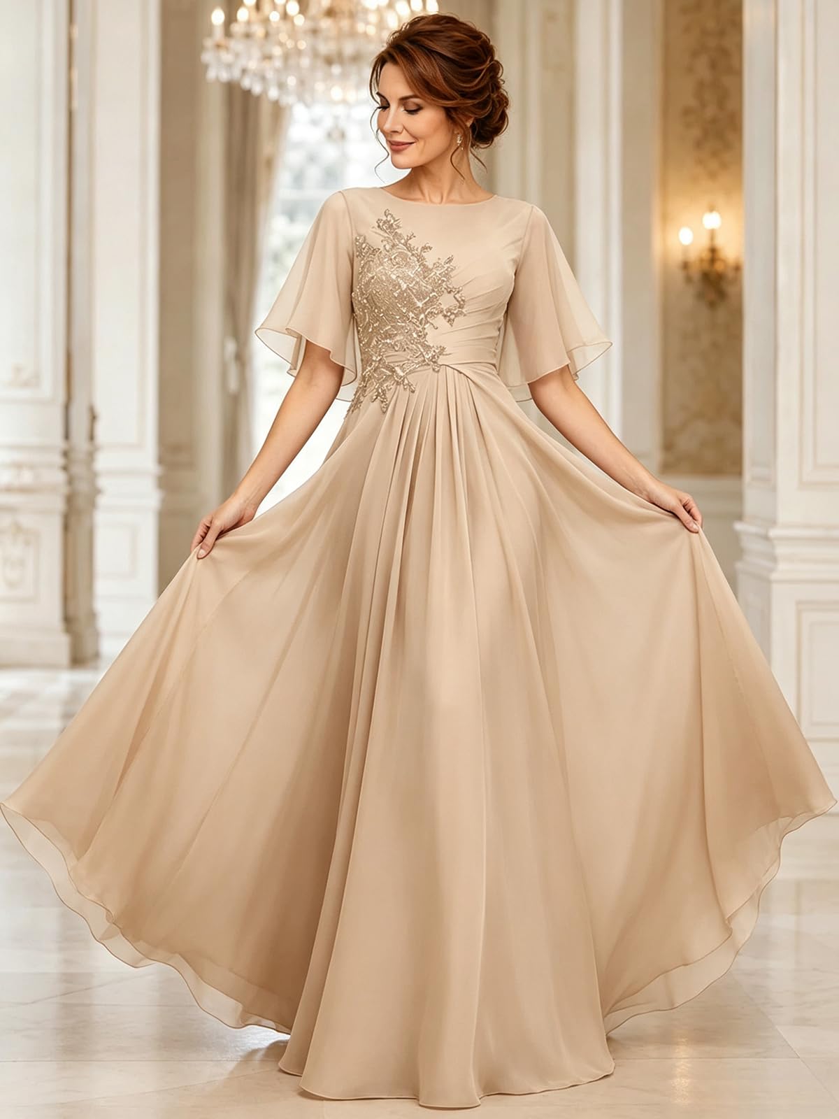 Chiffon Brautmutterkleider mit Spitze lang A-Linie Kurze Ärmel Elegant formelle Abendkleider für Hochzeiten