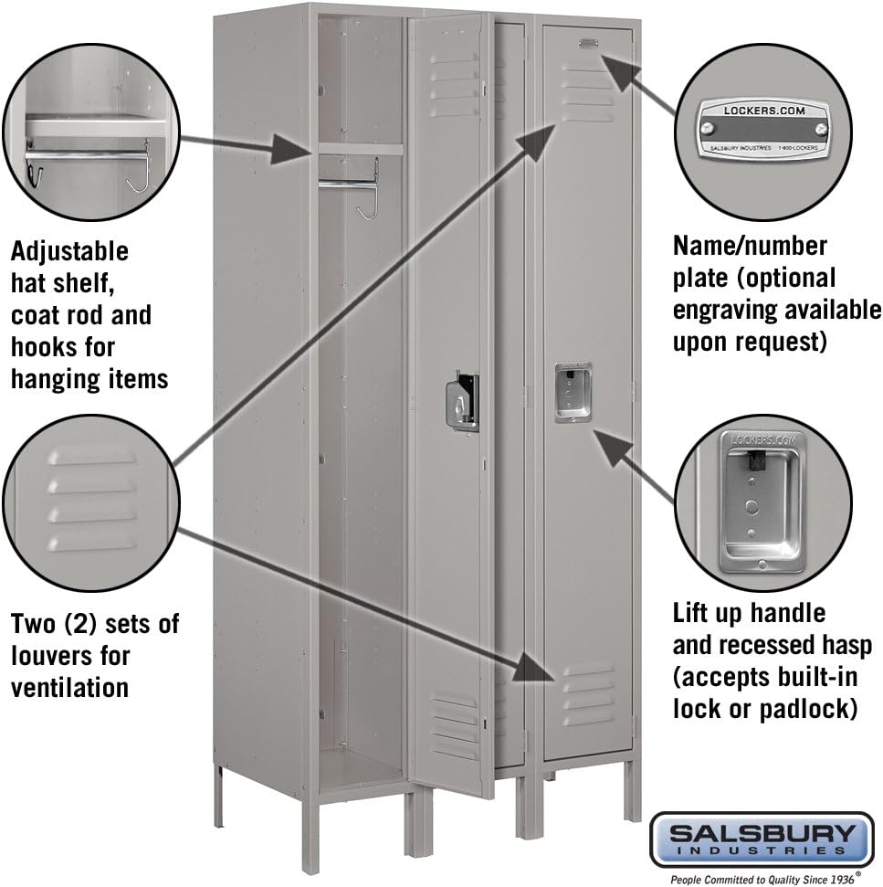 Salsbury Industries Assembled 1-Tier Standard Metal Locker with Three Wide Storage Units, 6-Feet High by 18-Inch Deep, Gray