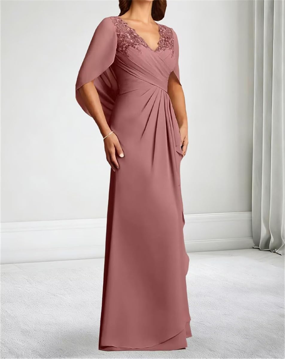Vestido con mangas de capa para madre de la novia, con apliques de encaje, de gasa, plisados, para fiesta de cóctel