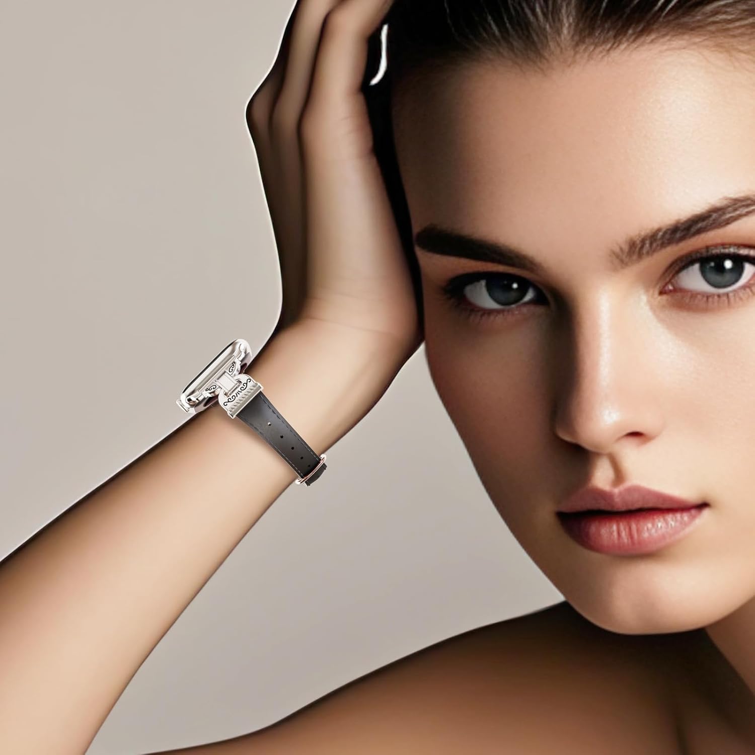 Slim Leather Band Compatible with Apple Watch Bands Women 38/40/41/42mm Dressy Thin Leather Strap with Designer Interlock Buckle for iWatch Series 10/9/SE/8/7/6/5/4/3/2/1, Black+Silver - Image 6