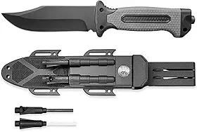 Faca Tática de Sobrevivência com Bainha Bússola Pederneira Apito Aço Inox Camping Caça Pesca Outdoor (Preto)