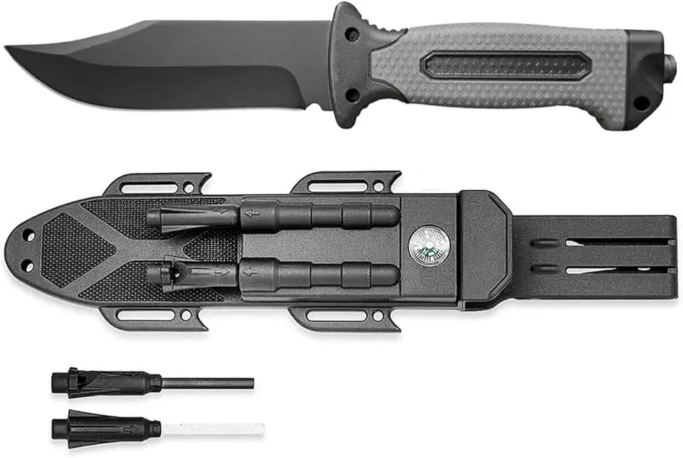 Faca Tática de Sobrevivência com Bainha Bússola Pederneira Apito Aço Inox Camping Caça Pesca Outdoor (Preto)