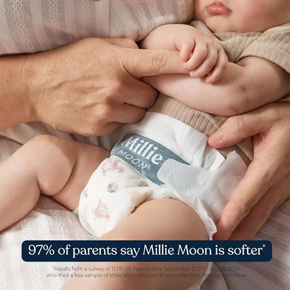 Millie Moon Luxury Diapers, CloudTouch Softness, 12-Hour Leak Protection, Hypoallergenic for Sensitive Skin (1-100ct)