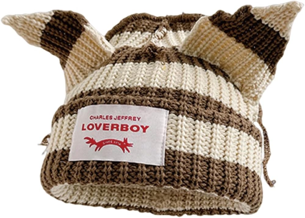 Womens Beanie Hat Winter Cuffed Knit Hats with Cat Ears Thick Warm Y2k Skull Caps Mens Ski Hat