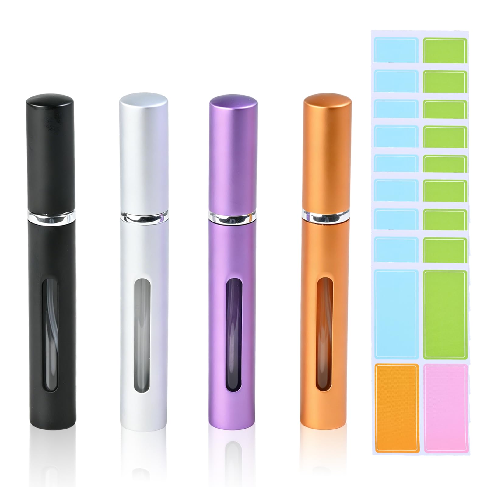 4 Stück Parfümzerstäuber Nachfüllbar 5ml, Portable Mini Sprühflasche mit Sichtfenster, Travel essentials, Reise Zubehör (Schwarz Silber Gold Lila)