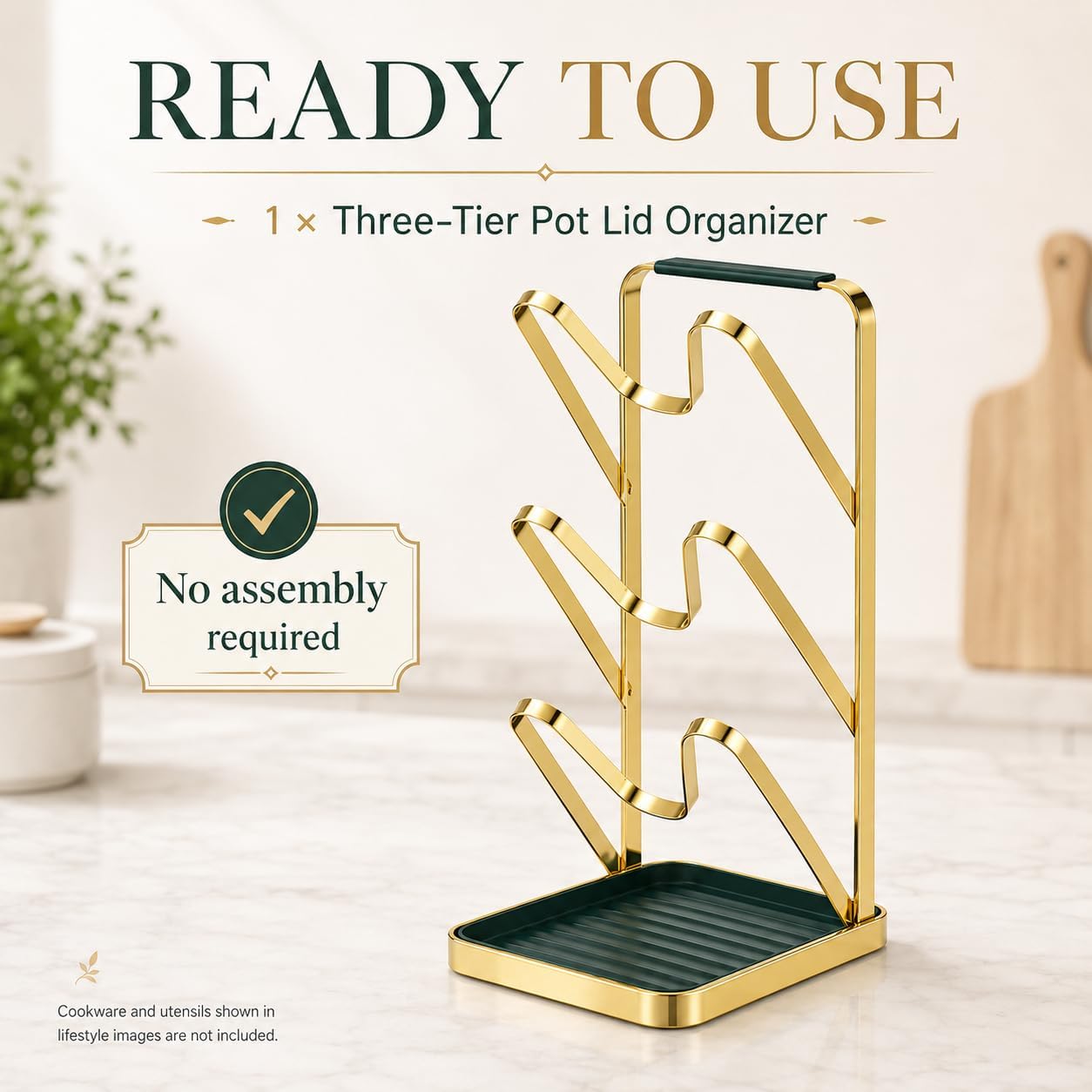 Spoon Rest with Lid Holder, 3-Tier Pot Lid Holder While Cooking, Countertop Organizer with Detachable Drip Tray, Pot Cover Rack for Stove Top, Gold/Dark Green