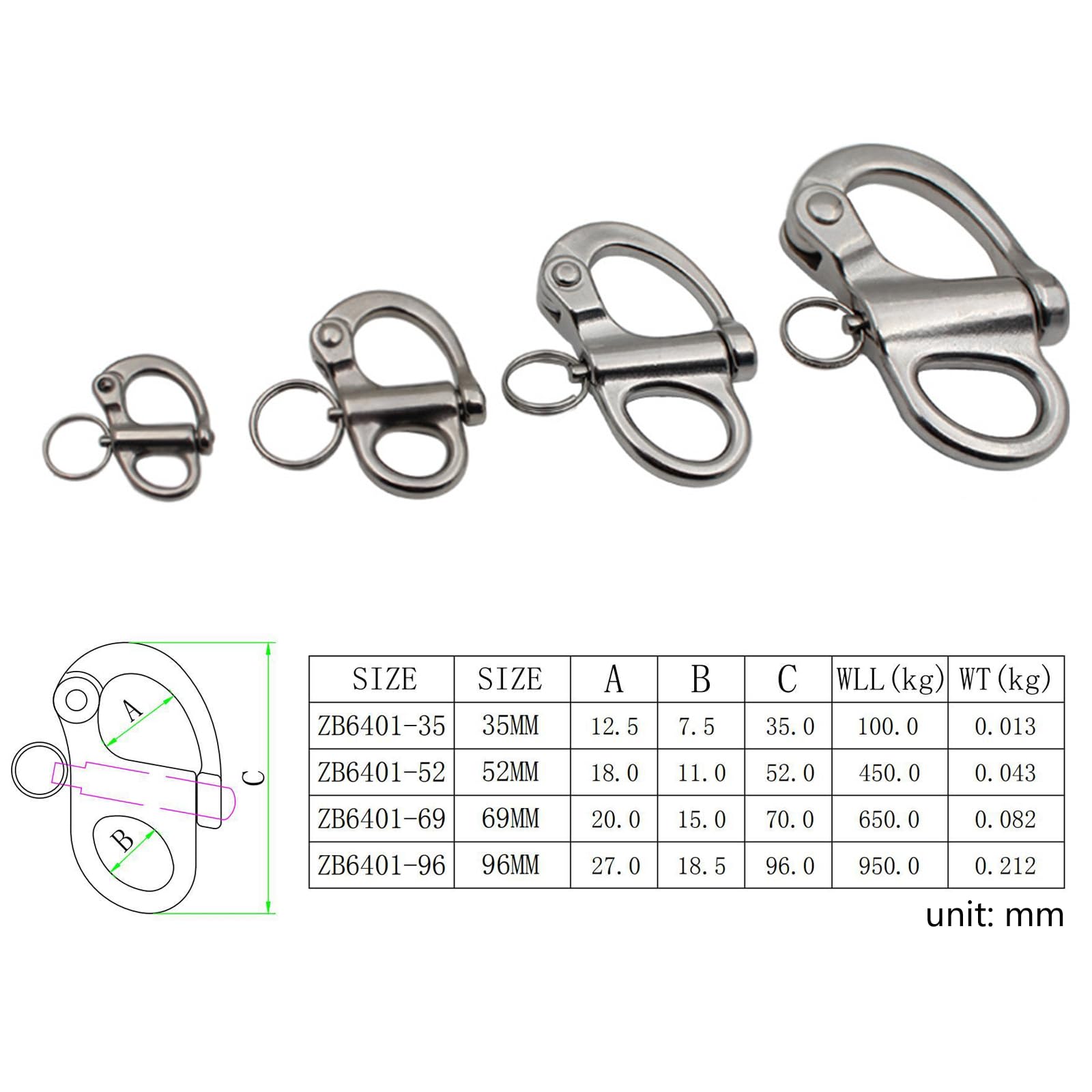 YS0911 Jaw Shackle Stainless Steel for Sailboats Spinnakers Halyards &Diving 35/52/69/96mm Snap Shackle Snap Shackle Quick Release