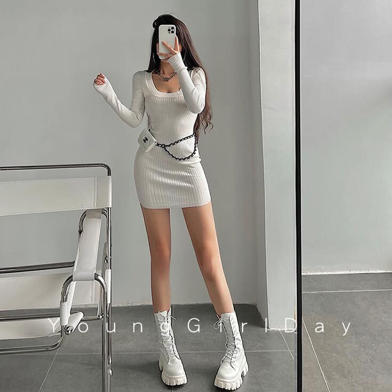 Vestido de Fiesta de Manga Corta con Cuello en U Sexy, Cintura Ajustada, Vestido de Fondo de Punto, Bolso de Cadera, Falda Corta de Manga Larga,White-M