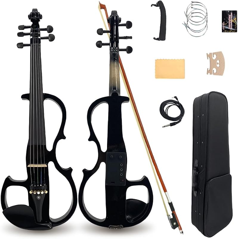 Vetimobato Electric Violin 4/4 Full Size Solid Wood Silent Violin Set for Adults Beginner Practice Electric Fiddle with Ebony Fittings Hard Case & Bow(5 String Black)