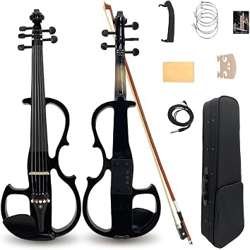 Vetimobato Electric Violin 4/4 Full Size Solid Wood Silent Violin Set for Adults Beginner Practice Electric Fiddle with Ebony Fittings Hard Case & Bow5 String Black