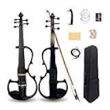 Vetimobato Electric Violin 4/4 Full Size Solid Wood Silent Violin Set for Adults Beginner Practice Electric Fiddle with Ebony Fittings Hard Case & Bow(5 String Black)