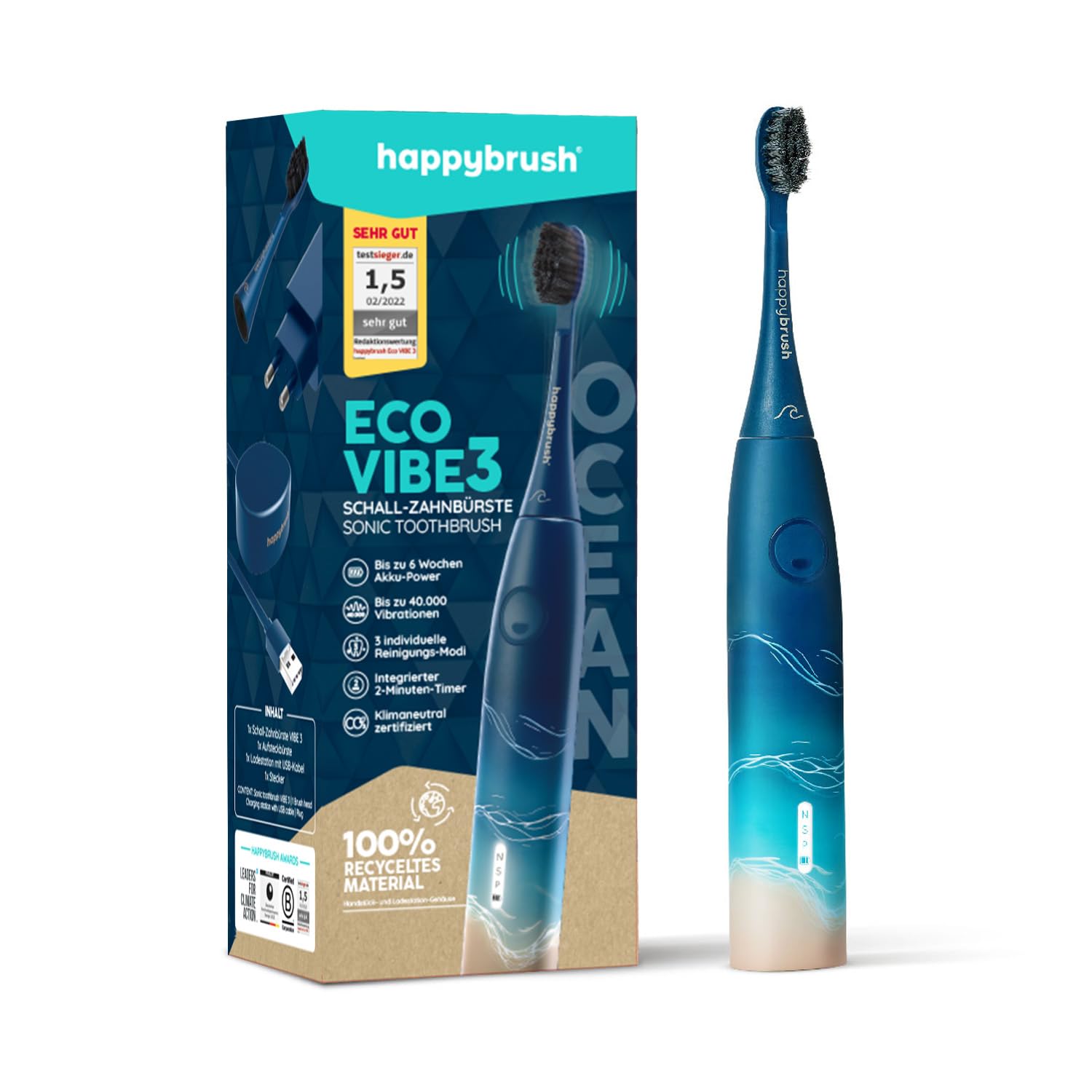 happybrush [Testsieger*] Elektrische Schallzahnbürste Eco VIBE 3 - Nachhaltige Zahnbürste mit 6 Wochen Power-Akku inkl. 1 Aufsteckbürste - Ocean Einzelpack