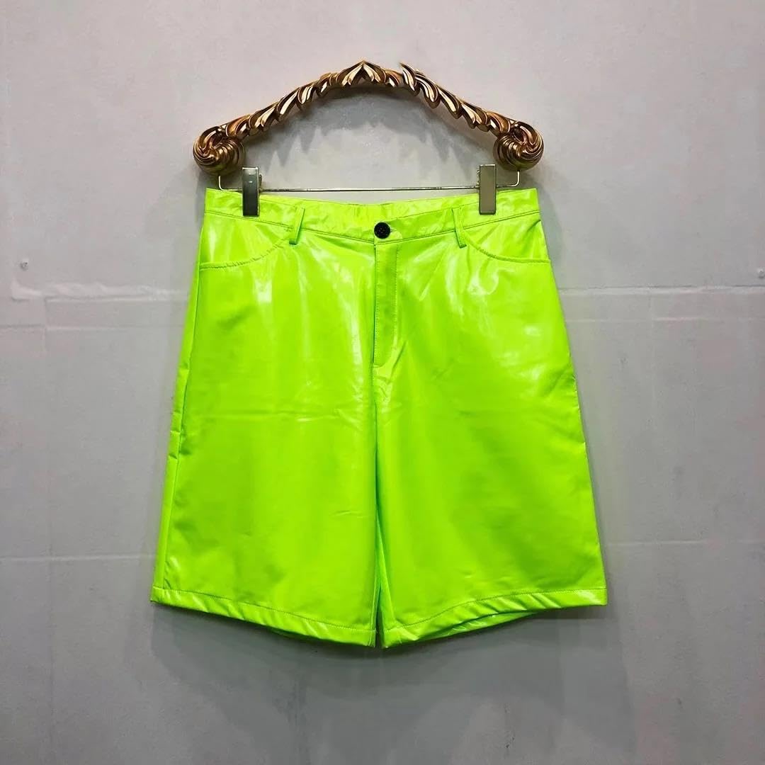 Men Reflective PU Leather Knee Pants Nightclub Bar Shorts Cropped Trousers Large Size Hip Hop Dance Costume