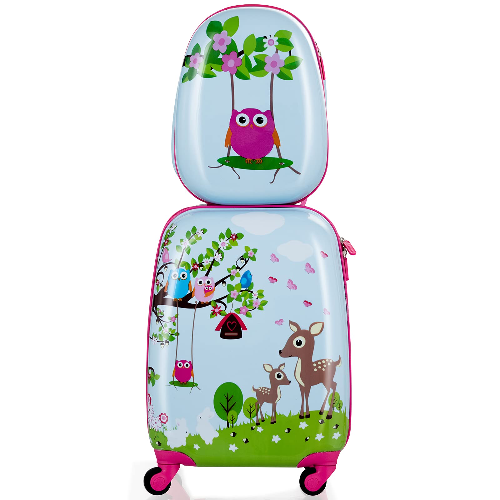 COSTWAY 2tlg Kinderkoffer + Rucksack, Kindertrolley aus Kunststoff, Kindergepäck, Kinder Kofferset Handgepäck Reisegepäck Hartschalenkoffer für Jungen und Mädchen (Eule, 12"+16")