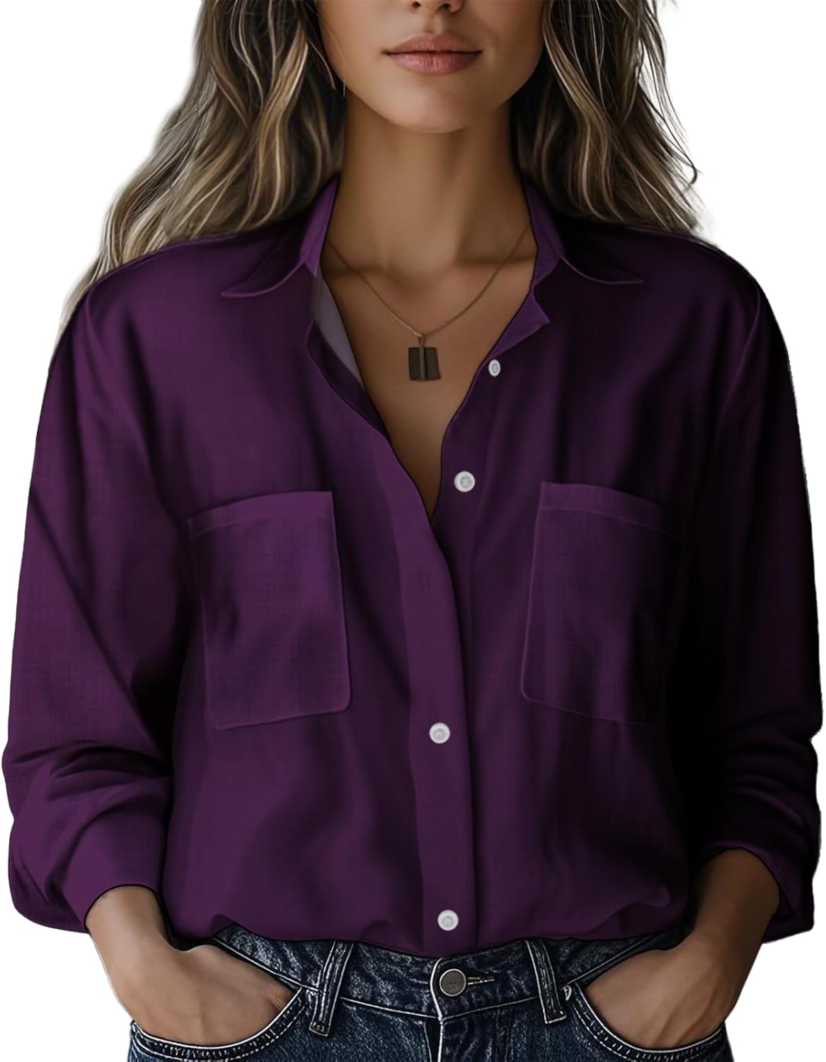 Womens Casual Shirts Button Down Basic Tops Trendy Soild Color V Neck Long Sleeve B...