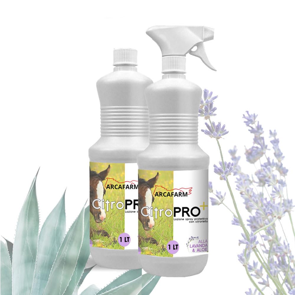 2 Pezzi Repellente Naturale Spray alla Citronella con LAVANDA e ALOE per Cavalli 1 lt Citropro, Lozione anti Insetti Volanti Mosche Zanzare, Protezione Lunga Durata, 100% Made in Italy