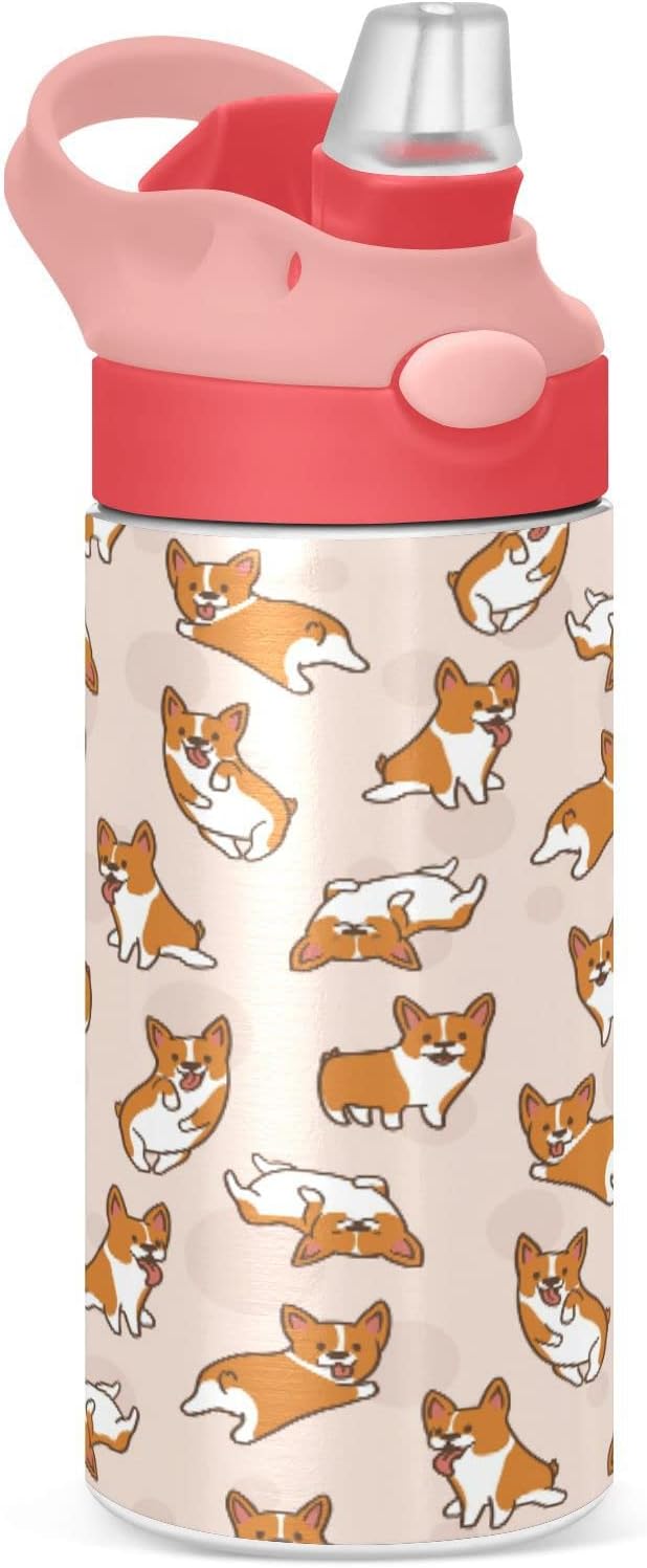 Blueangle Cartoon Corgis Pattern Kids Water Bottle with Straw Lid, 12oz Stainless Steel Insulated Water Reusable Leak Proof Water Bottle for School