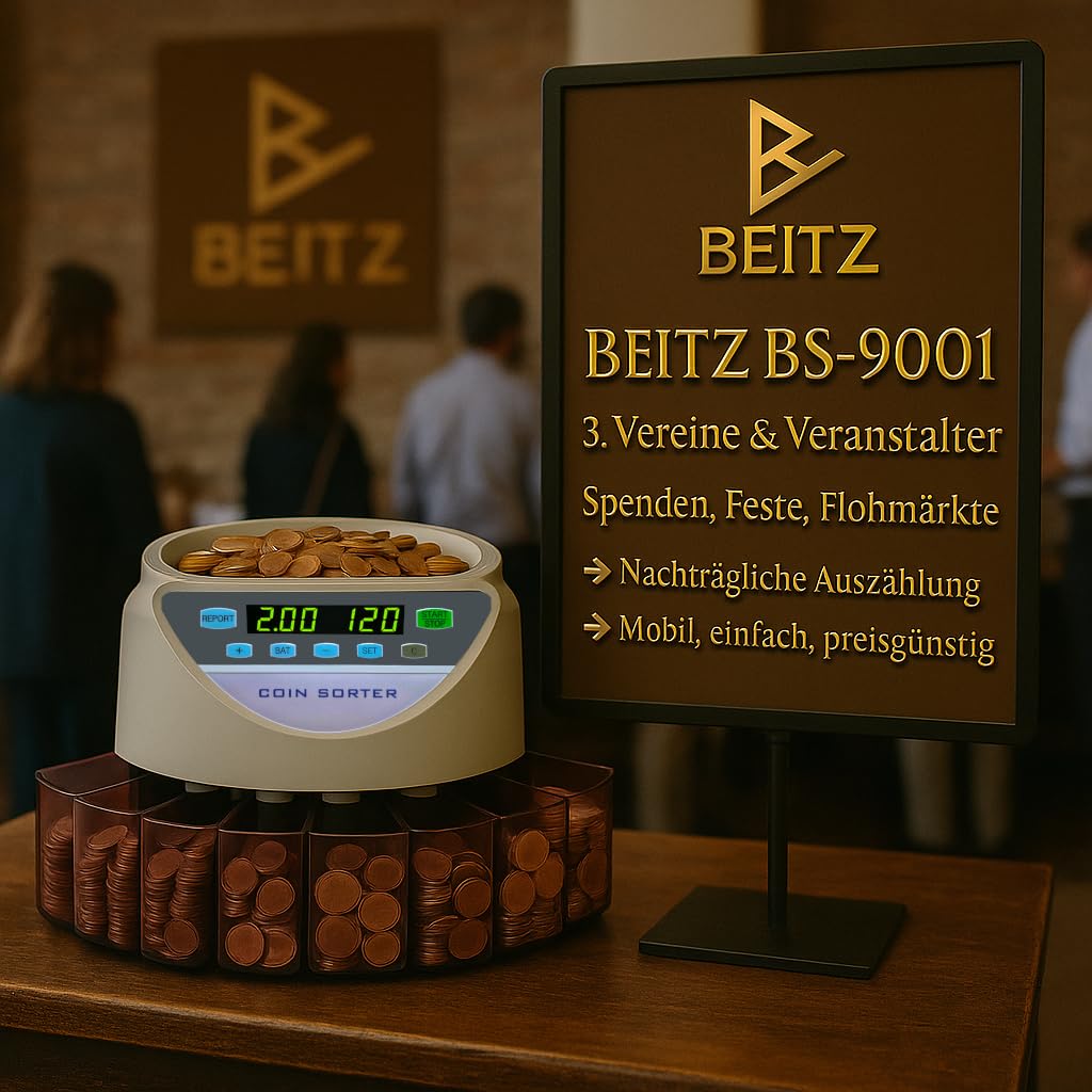 BEITZ BS-9001 | Automatischer Münzzähler & Münzsortierer für EUR | Geldzählmaschine für Kleingeld | Zählt & Sortiert Münzen nach Wert | Elektronischer Münzautomat | Münzzählmaschine mit 8 Münzfächer