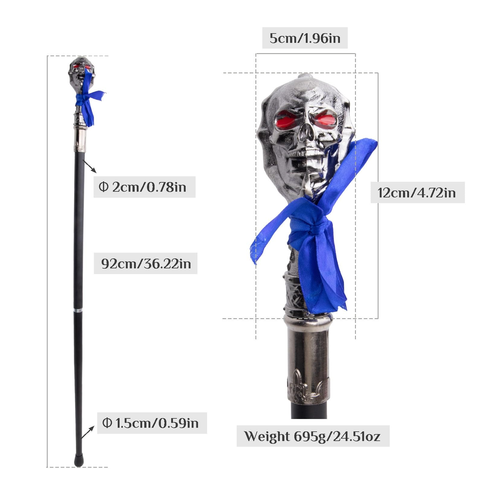 Bastón con Cabeza de Calavera de Ojos Rojos, Bastón de Lujo para Hombre y Mujer, Antideslizante Extraíble Cospaly Vintage Party 92 Cm